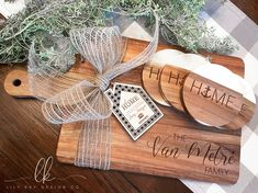 personalized cutting boards and coasters on a table