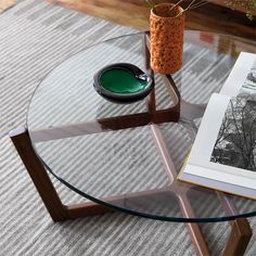 a glass table with a book on it and a potted plant in the middle