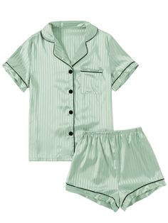 PRICES MAY VARY. Soft and lightweight silk satin material, this loungewear set is comfortable for your relaxing day or night. Two piece satin pajamas set featuring with a button front short sleeve shirt and a pair of shorts. Notch collar short sleeve top with a chest pocket, button up closure, piping trim. V neck stripe printed sleepshirt. Printed elastic waist shorts for a relaxed fit. Women's summer loungewear pajamas set with shorts. Casual 2 piece satin PJs sleepwear set for year-round wear. Shorts Sleepwear, Satin Pjs, Silk Pjs, Pajamas Short, Summer Loungewear, Top With Shorts, Matching Pjs, Silk Pajama Set, Striped Pyjamas