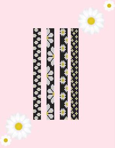 a pink background with daisies and black and white striped designs on the border, along with yellow dots