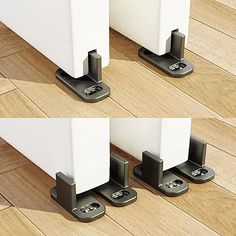 three different angles of the same door stopper on wood flooring with white panels