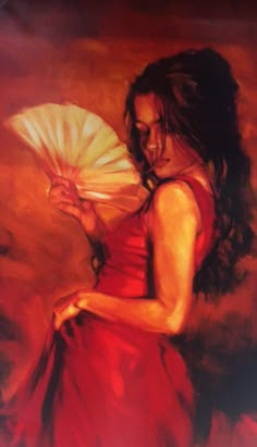 a painting of a woman in a red dress holding a fan