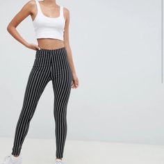 Brand Asos Tall Striped Leggings (With Tags) Black Pinstripe Pants Outfit, Pinstripe Pants Outfit, Black Pinstripe Pants, Pinstripe Trousers, Printed Flare Pants, Orange Leggings, Pant Trends, Tall Pants, Pinstripe Pants