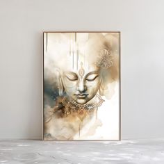 a painting hanging on the wall in an empty room with white walls and flooring