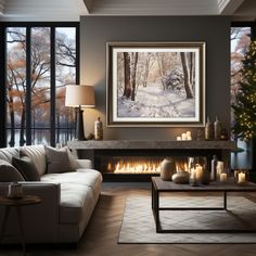 a living room filled with furniture and a fire place in front of a window covered in christmas trees