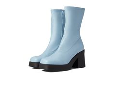 Steve Madden Klayton Boot - Women's Shoes : Light Blue : Dress up like a fashionista wearing the Steve Madden Klayton Boots, perfect for everyday wear. Stretchable synthetic upper. Synthetic and textile lining and insole. Zippered side closure. Mid-calf shaft height. Square toe and block heel. Synthetic outsole with high traction and durability. Imported. Measurements: Heel Height: 3 1 2 in Weight: 1 lb 4 oz Shaft: 9 in Platform Height: 1 in Product measurements were taken using size 8.5, width Casual Platform Boots With Reinforced Block Heel, Casual Boots With Lug Sole And Block Heel, Casual Platform Boots With Block Heel, Fall Platform Polyurethane Boots, Fall Platform Boots In Polyurethane, Casual High Heel Boots In Polyurethane, Ankle-high Synthetic Boots For Fall, Spring Heeled Boots With Round Toe, Synthetic Ankle-high Boots For Fall