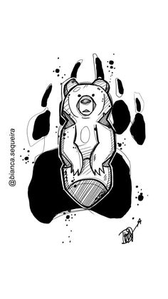 a black and white drawing of a bear sitting on its back with his paw in the air