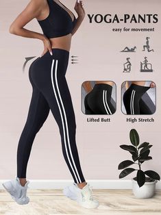 Leggings de yoga de cintura alta para mujeres, estilo deportivo, detalle de franja lateral, tejido transpirable, elástico, poliéster 92%, elastano 8%, pantalones de fitness para todas las estaciones Yoga, Leggings