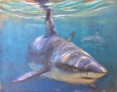 a painting of a shark and two dolphins in the water