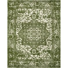 a green and white rug with an ornate design