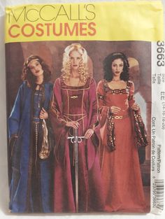 Vintage McCall's COSTUMES 3663 Sewing Pattern Misses Sizes 14-16-18-20 Uncut #eBay #Costume #McCalls #Medieval #PlusSize Colonial Dress Pattern, Circassian Dress, Medieval Dress Pattern, Medieval Dresses, Medieval Costumes, Gown Sewing Pattern, Medieval Gown, Cape Costume, Medieval Wedding