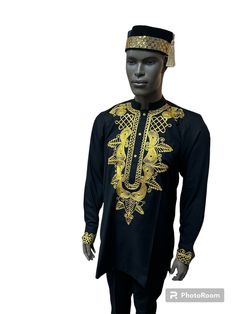 Traditional African Dashiki Shirt with Gold embroidery with long sleeves 100% Cotton Vibrant colors. Pullover Shirt Black hat not included Colors include - Black and Gold embroidery Available in Plus Size Size Measurements S  = 36 Inches chest around M = 42 Inches chest around L  = 47 Inches chest around XL= 52 Inches chest around 2X= 55 Inches chest around African Dashiki Shirt, Dashiki Shirt, Embroidery Suit, African Dashiki, Gold Embroidery, Embroidery Suits, Black Hat, Pullover Shirt, Pant Set