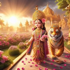 a painting of a girl and a tiger in front of a temple with flowers on the ground