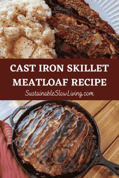 cast iron skillet meatloaf recipe with text overlay