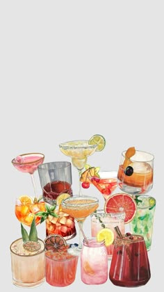 a bunch of different types of drinks sitting on top of each other in front of a white background