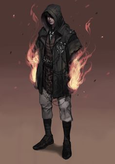 a drawing of a man standing in front of fire and wearing a black hoodie