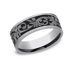 men's wedding band with black and white floral design inlayed to the center