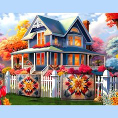 a painting of a house in the fall