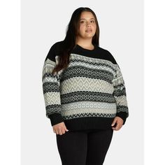 Warm up your cool weather look with this super-cute Women's Plus Size Pullover Fair Isle Sweater from Time and Tru. This easy-fitting sweater in crafted in a soft and fluffy yarn fabric that destined to be your new favorite for your cold-weather closet on those casual days. The classic crewneck styling gets an update with the relaxed silhouette and attention-getting Geo prints. Worn alone or as a comfy layer, it pairs perfectly with your favorite leggings or pair of jeans to complete this cozy l White Outerwear, Fair Isle Pullover, Black Outerwear, Crochet Lace Shorts, Fluffy Yarn, Favorite Leggings, Plus Size Pullover, Shrug Cardigan, Plus Size Cardigans