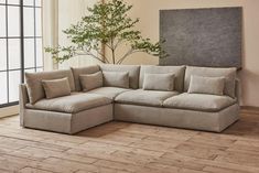 a living room with a large sectional couch and wooden flooring, along with a potted plant in the corner