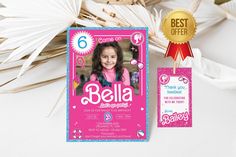 a pink and blue birthday party card with a gold medal on it next to some palm fronds