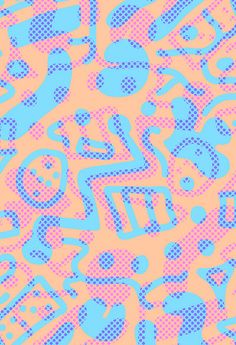 an abstract pattern with blue and pink shapes on a light orange background that is halftoned