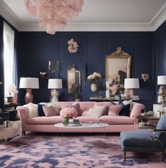 a living room with blue walls, pink couches and two lamps on the wall