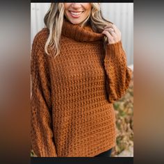 Cowl Neck Textured Sweater Wide Turtle Necked Sweater Rust Color Is A Rich, Earthy, Reddish-Brown Color S/M Could Fit A Medium With A Relaxed Fit Boutique Purchase Crochet Clothing, Textured Sweater, Reddish Brown, Rust Color, Turtleneck Sweater, Color Orange, Cowl Neck, Brown Color, Loom