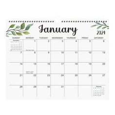 a calendar with the word january on it and green leaves in black ink, hanging from a