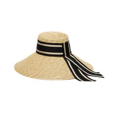 Natural straw UPF 50+ protection wide-brim sunhat with black/beige striped ribbon band and tails. 6.75" X 4" X 6.25" SKU: 21015-04324 Eugenia Kim Hat, Bad Haircut, Western Chic, Straw Bags, Eugenia Kim, Buy Buy Baby, Cold Weather Accessories, Fall Shopping, Wide Brimmed