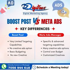 an ad for digital marketing company with the title'best post vs 5 meta ads key differences