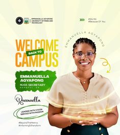 a woman in glasses is smiling and holding her hands together with the words welcome to campus