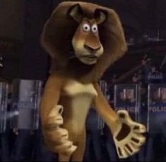 a cartoon lion is standing in front of an audience with his arms outstretched and feet spread out