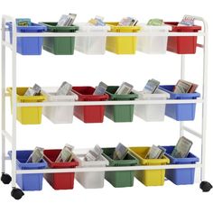 three tiered shelf with plastic bins and magazines on wheels, each holding several different types of books