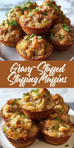 several small muffins on a plate with the words gravy - stuffed stuffing mixture