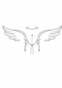 a drawing of an angel's wing with drops of water hanging from it