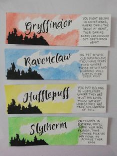 four watercolor bookmarks with words written on them