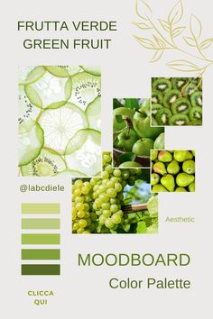 a poster with green fruit and leaves on it's side, in the middle is an advertisement for mood board color palette