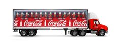 a red coca cola truck with bottles on the back is shown in front of a white background