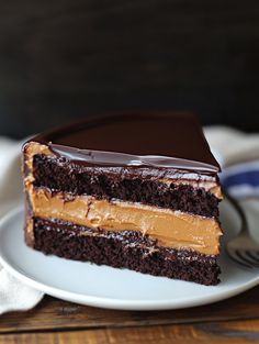 a piece of chocolate cake on a white plate