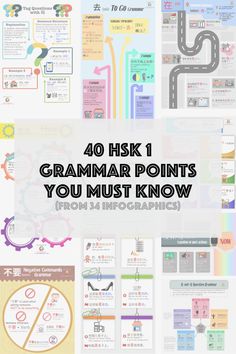 a bunch of different types of diagrams with the text, 40 hsk 1 grammar points you