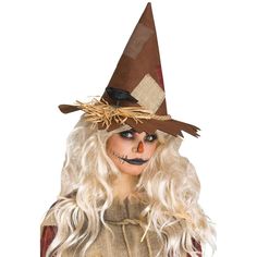 a woman dressed as a scarecrow with long blonde hair