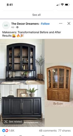 the before and after pictures of an old china cabinet