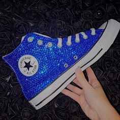 Custom Bling Converse Shoes Made By Bookerzbling**** Bottoms Of Shoes Could Be As Shown With Red And Blue Lines Or The All White Version If Your Size Isn't In Stock Anywhere Near Me :) (I Have 5 Stores I Go To) Regardless They Are High Top Blue Converse Shoes With Blue Rhinestones For Bling! These Are Listed In Womens Sizing As Shown Below! Even Though All Customs Are Made With Great Quality Materials, Wear And Tear Are Bound To Happen. On The Shoes, I Use Rhinestones And An Industrial Adhesive Blue Rhinestone Shoes, Royal Blue Quinceanera Shoes, Royal Blue Quince Shoes, Bejeweled Sneakers, Xv Shoes, Bedazzle Shoes, Things To Bedazzle, Bling Converse Shoes, Bedazzled Items