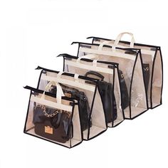 six clear bags with black handles are lined up against each other on a white background