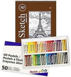 a box of crayons with the eiffel tower in the background