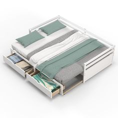 a bed with two drawers underneath it and a blanket on the bottom one drawer is open