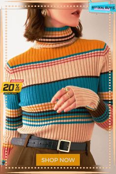 Fall/winter Turtleneck Color Striped Slim-fit Knit Sweater Retro Knitted Sweater For Fall, Retro Long Sleeve Ribbed Sweater, Winter Striped Long Sleeve Sweater, Striped Knit Outerwear For Winter, Retro Ribbed Winter Tops, Winter Striped Sweater With Ribbed Collar, Striped Crew Neck Outerwear For Winter, Striped Long Sleeve Turtleneck For Winter, Striped Winter Sweater With Ribbed Collar