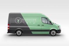 a green and black van with the word woodside written on it's side