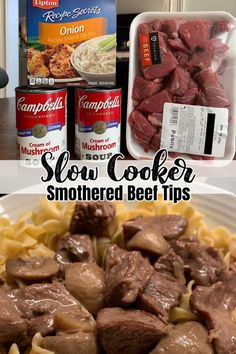 the ingredients to make slow cooker beef and noodles are shown in this collage